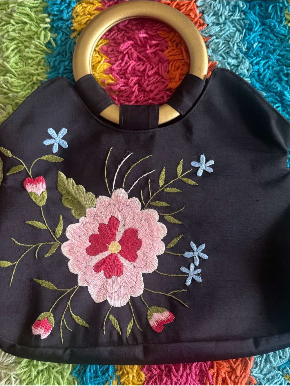 Black Floral Embroidered handbag with Pink Flower Detail